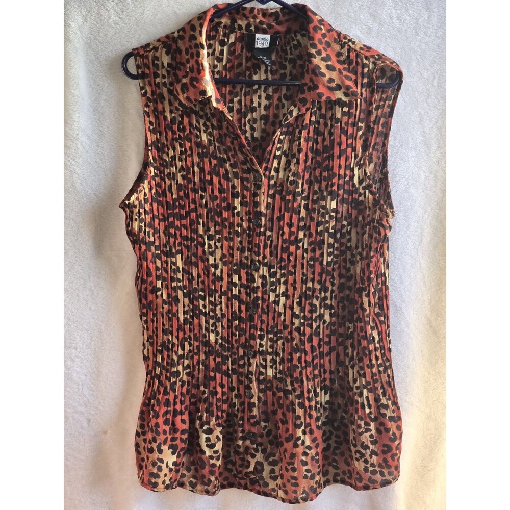 Studio 1940 Leopard Print Collared Sleeveless Shirt Button Down Size 14/16 XL